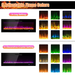 50"/60" Recessed Electric Fireplace Heater, 5000 BTU Wall Mounted Fireplace Insert with Log & Decorative Crystal