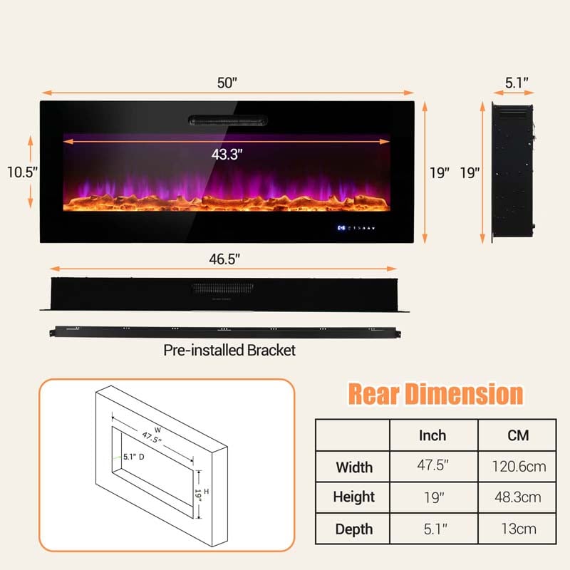 50"/60" Recessed Electric Fireplace Heater, 5000 BTU Wall Mounted Fireplace Insert with Log & Decorative Crystal