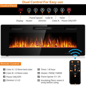 50" Ultra-Thin Electric Fireplace Insert, 1500W Recessed & Wall-mounted Fireplace Heater with 12 Flame Colors