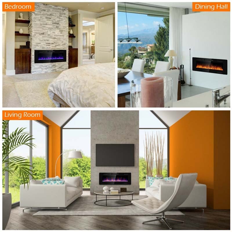 50" Ultra-Thin Electric Fireplace Insert, 1500W Recessed & Wall-mounted Fireplace Heater with 12 Flame Colors