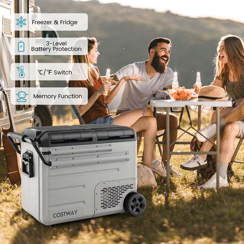 51-Quart Dual-zone Car Refrigerator with Wheels, 12V/24V DC & 100-240V AC Portable Car Fridge Cooler Freezer