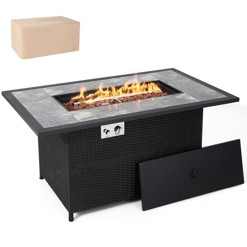 52" 50000 BTU Rattan Outdoor Propane Gas Fire Pit Table with Marble Tabletop, Lava Rocks & PVC Cover