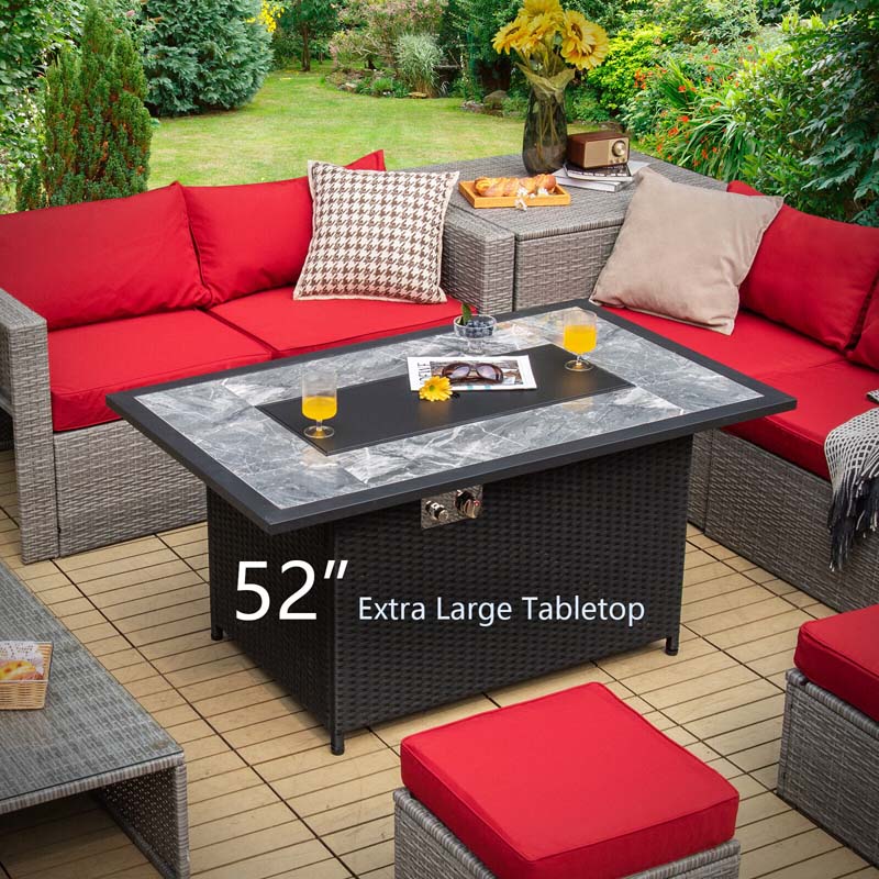 52" 50000 BTU Rattan Outdoor Propane Gas Fire Pit Table with Marble Tabletop, Lava Rocks & PVC Cover