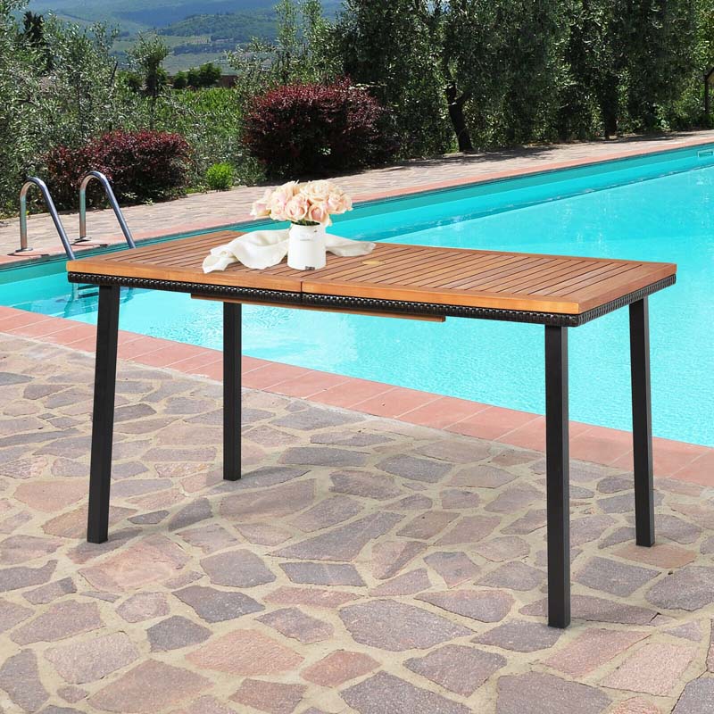 55" Acacia Wood Rattan Outdoor Patio Dining Table with Umbrella Hole