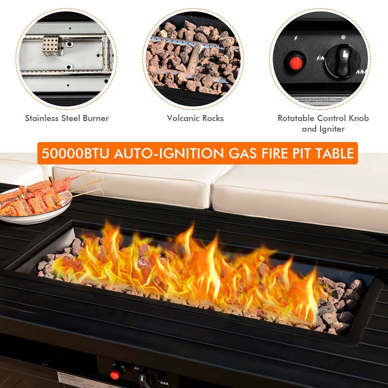 57" Rectangular Propane Fire Pit Table, 50000 BTU Outdoor Gas Fire Table with Lid & Lava Rocks