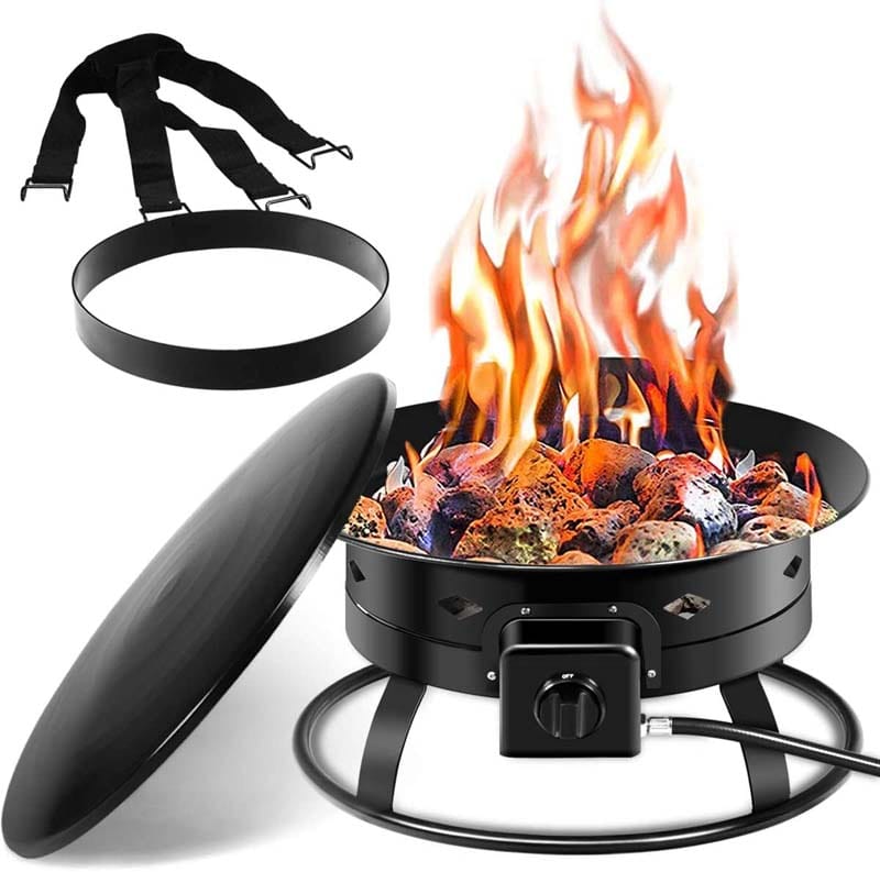 19" 58000BTU Firebowl Outdoor Portable Propane Gas Fire Pit with Cover & Carry Kit, Lava Rock Stone