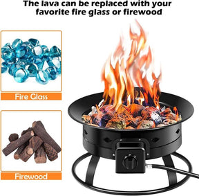 19" 58000BTU Firebowl Outdoor Portable Propane Gas Fire Pit with Cover & Carry Kit, Lava Rock Stone