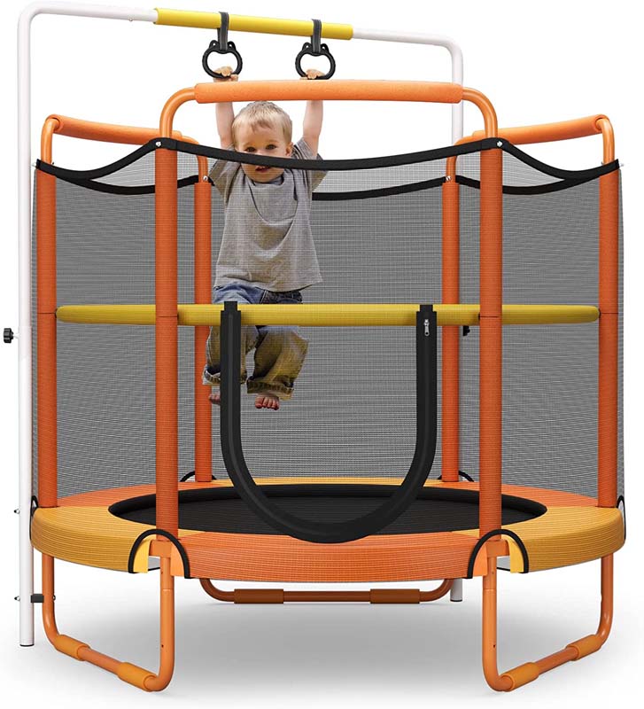 60" 3-in-1 Mini Trampoline for Kids 5Ft Toddler Recreational Trampoline with Gymnastic Rings & Horizontal Bar