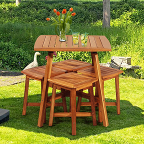 5 Pcs Acacia Wood Patio Dining Set with Square Table & 4 Stools, Outdoor Conversation Bistro Set