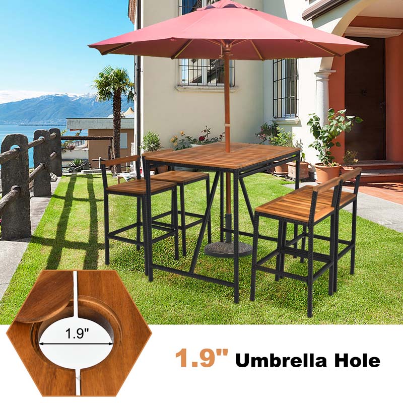 5 Pcs Acacia Wood Rattan Wicker Outdoor Patio Bar Set Dining Table Set with 1.9" Umbrella Hole & 4 Bar Stools