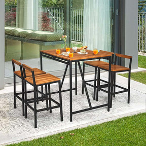 5 Pcs Acacia Wood Rattan Wicker Outdoor Patio Bar Set Dining Table Set with 1.9" Umbrella Hole & 4 Bar Stools