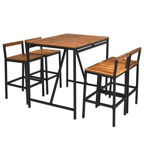 5 Pcs Acacia Wood Rattan Wicker Outdoor Patio Bar Set Dining Table Set with 1.9" Umbrella Hole & 4 Bar Stools
