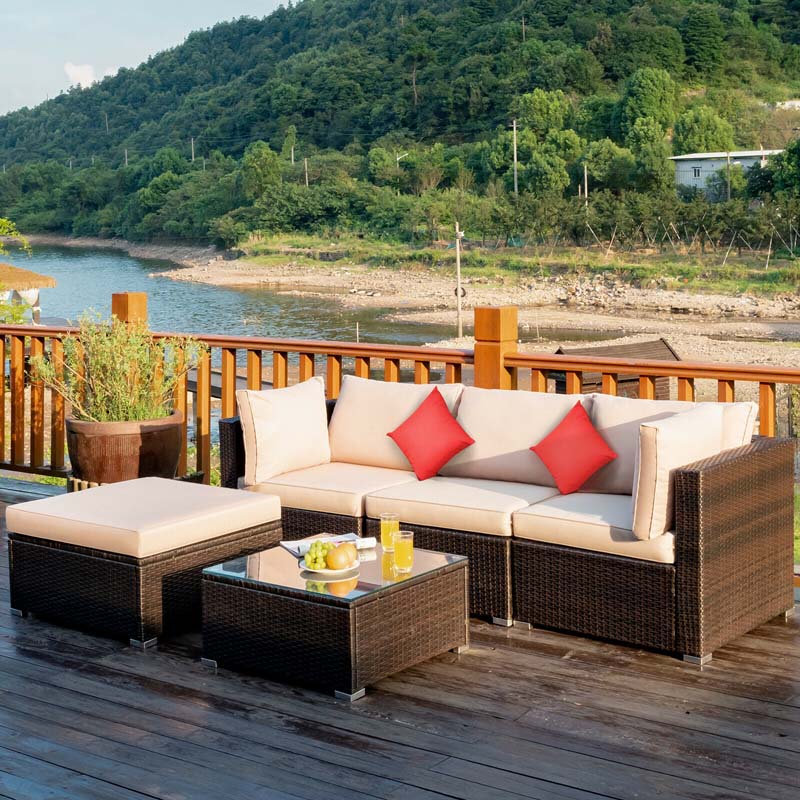 5 Pcs Outdoor Patio Rattan Furniture Sectional Sofa Set Wicker Conversation Set with Cushions