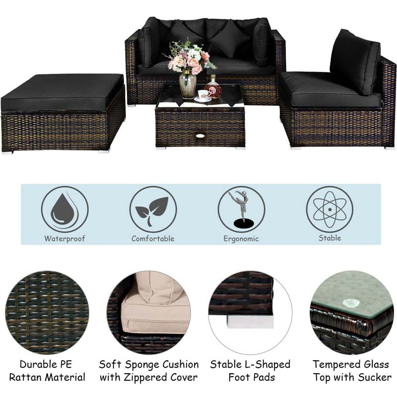 5 Pcs Outdoor Patio Rattan Furniture Sectional Sofa Set Wicker Conversation Set with Cushions