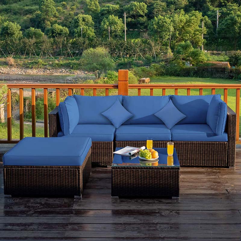 5 Pcs Outdoor Patio Rattan Furniture Sectional Sofa Set Wicker Conversation Set with Cushions