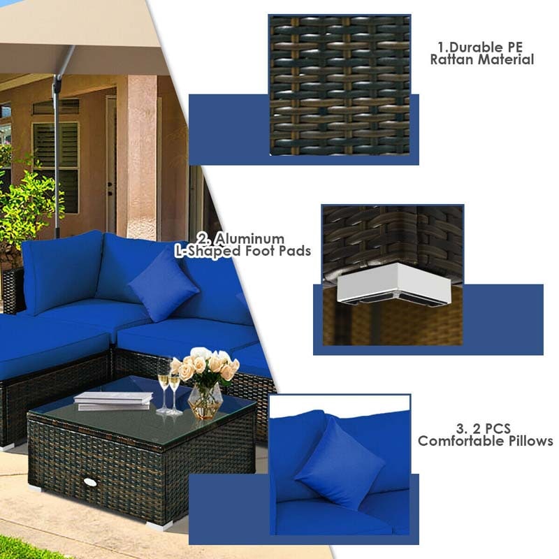 5 Pcs Outdoor Patio Rattan Furniture Sectional Sofa Set Wicker Conversation Set with Cushions