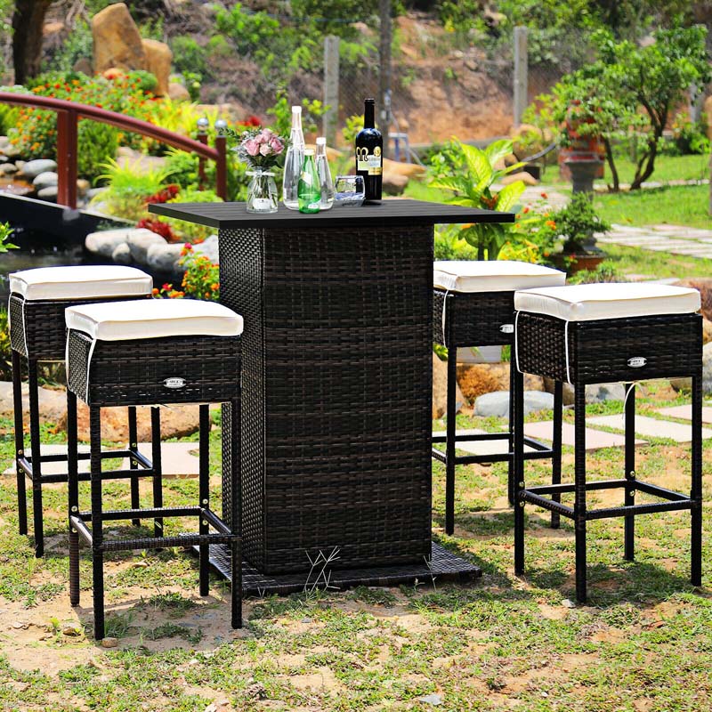 5 Pcs Rattan Patio Bar Set Counter Height Dining Table Set with Hidden Storage Shelf & Cushioned Bar Stools