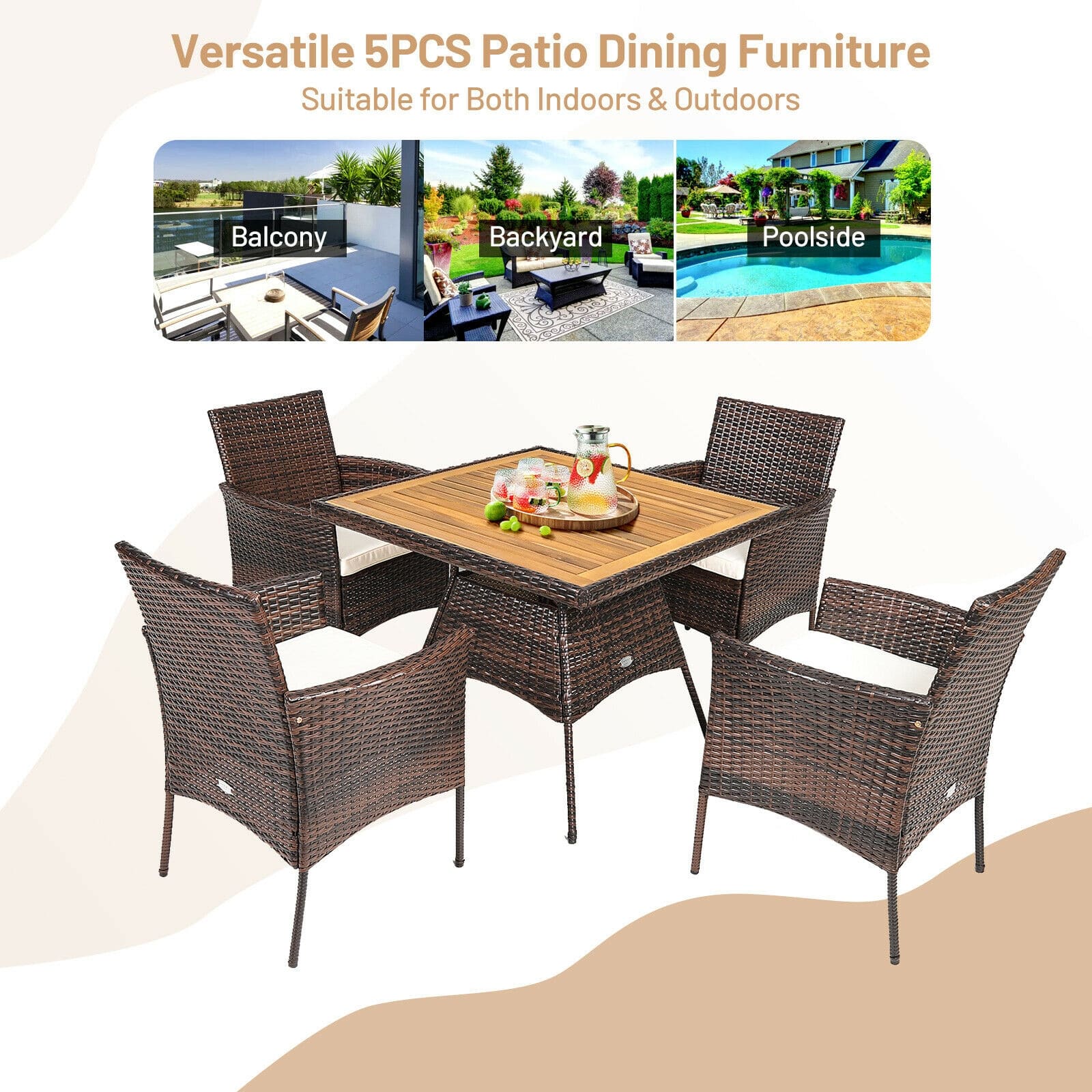 5 Pcs Rattan Patio Dining Table Set with Umbrella Hole, Acacia Wood Tabletop & 4 Cushioned Armchairs