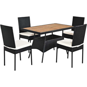 5 Pcs Rattan Outdoor Patio Dining Set with Acacia Wood Tabletop & 4 Cushioned Chairs