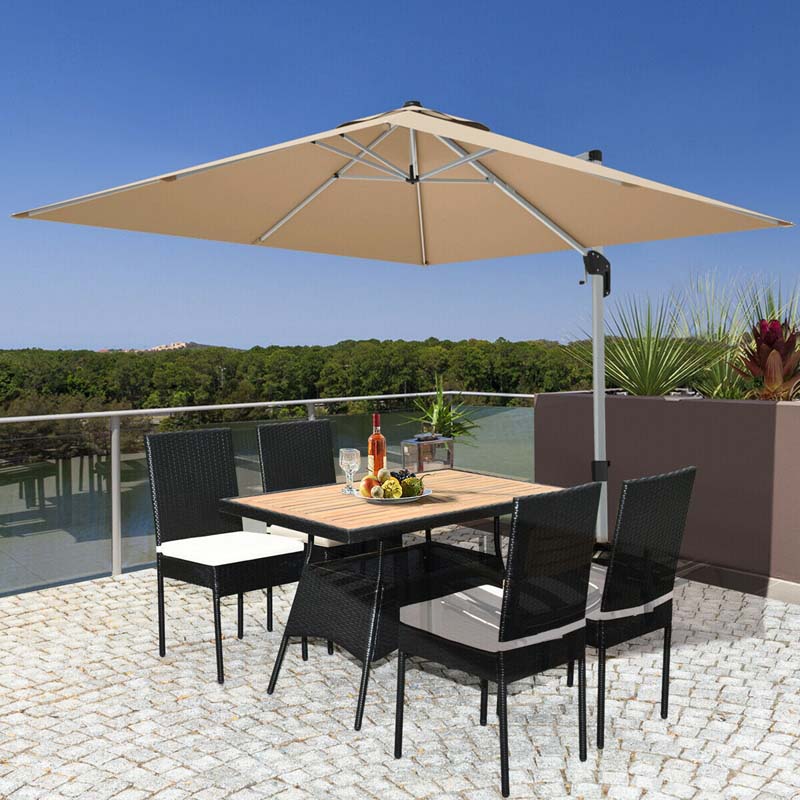 5 Pcs Rattan Outdoor Patio Dining Set with Acacia Wood Tabletop & 4 Cushioned Chairs