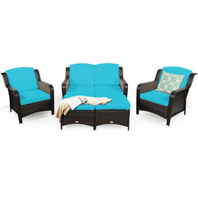 5 Pcs Rattan Wicker Patio Furniture Set with Loveseat, Single Sofas & Ottomans, Outdoor Conversation Sets
