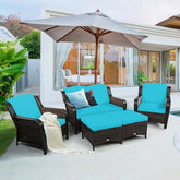 5 Pcs Rattan Wicker Patio Furniture Set with Loveseat, Single Sofas & Ottomans, Outdoor Conversation Sets