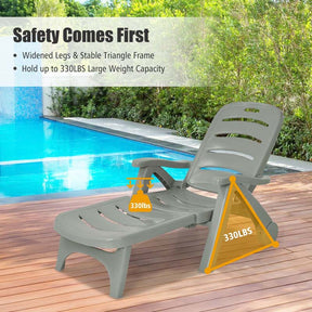Rolling Folding Plastic Pool Lounge Chair with Armrests, 5-Position Outdoor Sun Lounger Patio Deck Chair Beach Chair