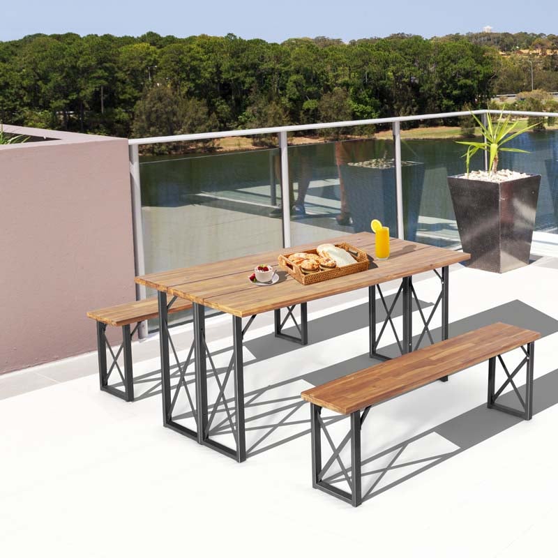 3 Pcs Acacia Wood Outdoor Picnic Table Bench Set with 2" Umbrella Hole, Space-Saving Camping Dining Table Set