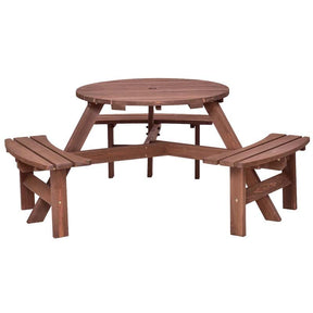 6-Person Outdoor Patio Wooden Round Picnic Dining Table Bench Set with Umbrella Hole & 3 Benches
