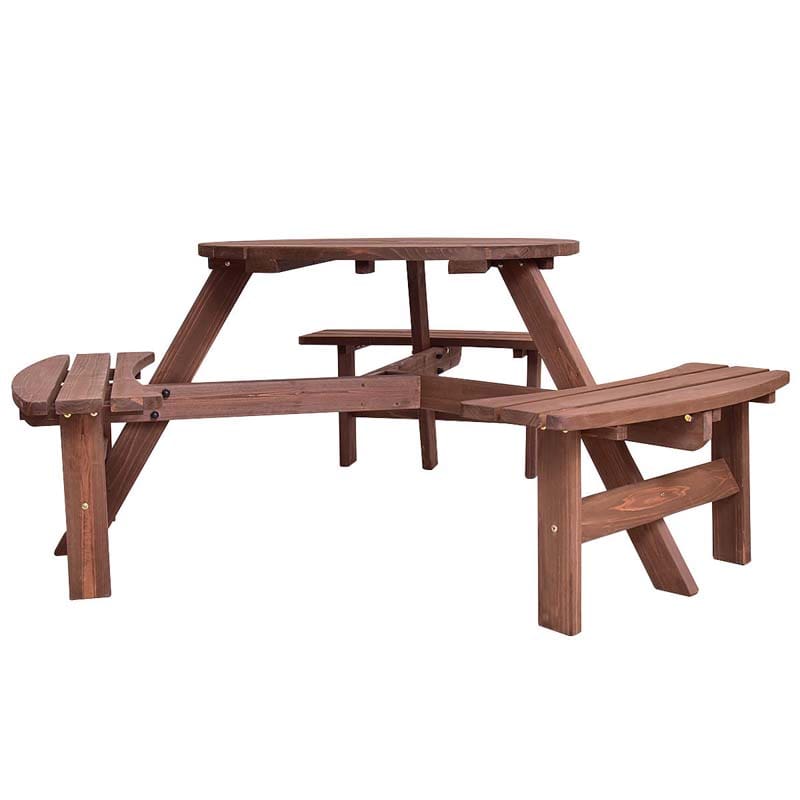 6-Person Outdoor Patio Wooden Round Picnic Dining Table Bench Set with Umbrella Hole & 3 Benches