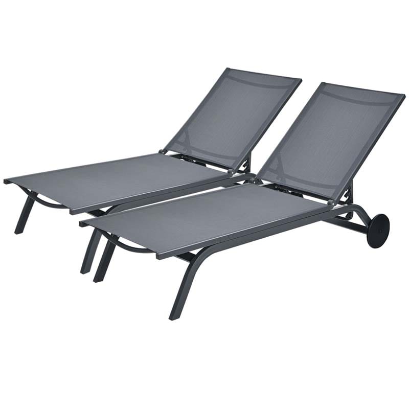 Aluminum Patio Chaise Lounge Chair with Wheels, 6-Position Fabric Outdoor Sun Lounger for Pool Beach Deck Yard