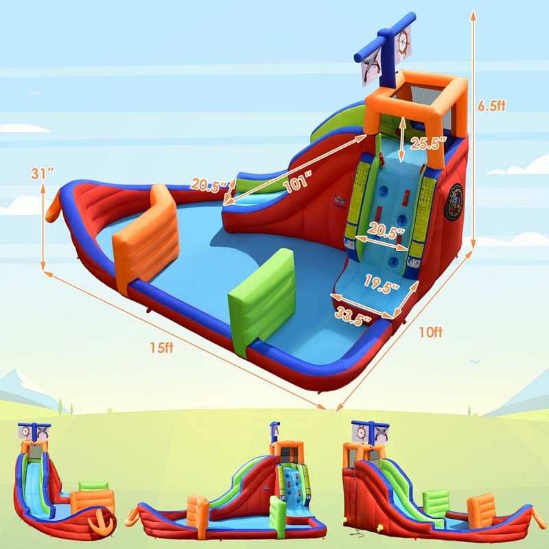 6-in-1 Pirate Ship Kids Giant Water Park Inflatable Bounce House Bouncy Castle with Long Water Slide