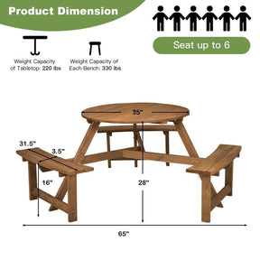 6-Person Round Wooden Picnic Table Bench Set with Umbrella Hole, DIY Paint Outdoor Patio Dining Table Set