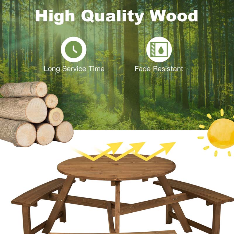 6-Person Round Wooden Picnic Table Bench Set with Umbrella Hole, DIY Paint Outdoor Patio Dining Table Set