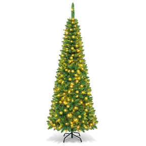 4.5/6.5/7.5FT Pre-Lit Artificial Slim Pencil Christmas Tree with Hinged Branch Tips, LED Lights & Solid Metal Stand
