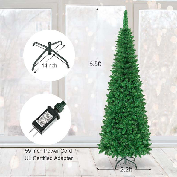 4.5/6.5/7.5FT Pre-Lit Artificial Slim Pencil Christmas Tree with Hinged Branch Tips, LED Lights & Solid Metal Stand