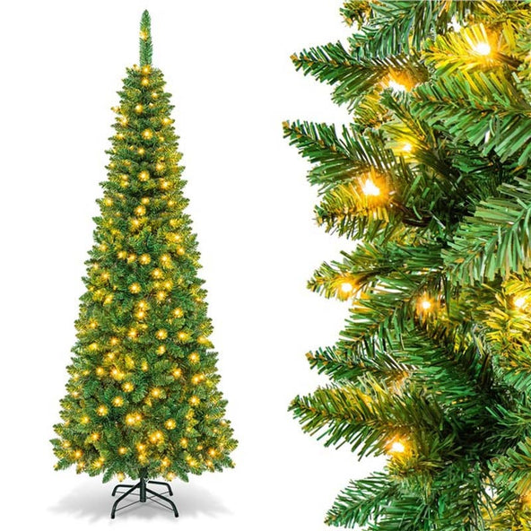 4.5/6.5/7.5FT Pre-Lit Artificial Slim Pencil Christmas Tree with Hinged Branch Tips, LED Lights & Solid Metal Stand