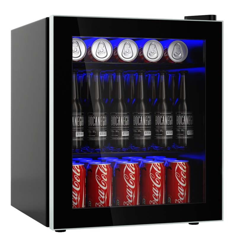 60-Can Mini Drink Fridge 1.6 Cu.Ft Beverage Refrigerator Cooler with Glass Door & Adjustable Shelf, Blue LED Light