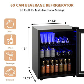 60-Can Mini Drink Fridge 1.6 Cu.Ft Beverage Refrigerator Cooler with Glass Door & Adjustable Shelf, Blue LED Light