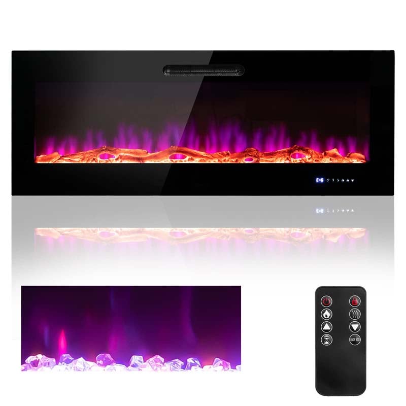 50"/60" Recessed Electric Fireplace Heater, 5000 BTU Wall Mounted Fireplace Insert with Log & Decorative Crystal