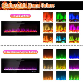 50"/60" Recessed Electric Fireplace Heater, 5000 BTU Wall Mounted Fireplace Insert with Log & Decorative Crystal