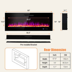50"/60" Recessed Electric Fireplace Heater, 5000 BTU Wall Mounted Fireplace Insert with Log & Decorative Crystal
