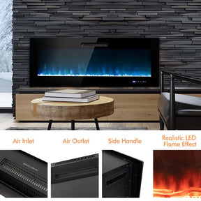 50"/60" Recessed Electric Fireplace Heater, 5000 BTU Wall Mounted Fireplace Insert with Log & Decorative Crystal