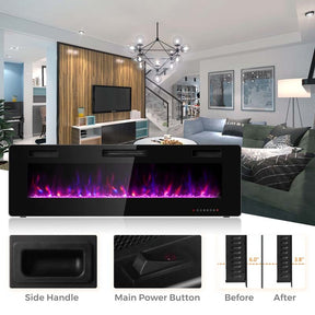 60" Ultra-Thin Electric Fireplace Insert, 1500W Recessed & Wall-mounted Fireplace Heater with 12 Flame Colors