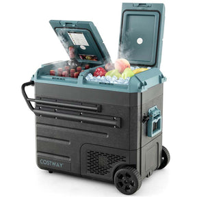 61-Quart Dual-zone Car Refrigerator with Wheels, 12V/24V DC & 100-240V AC Portable Car Fridge Cooler Freezer
