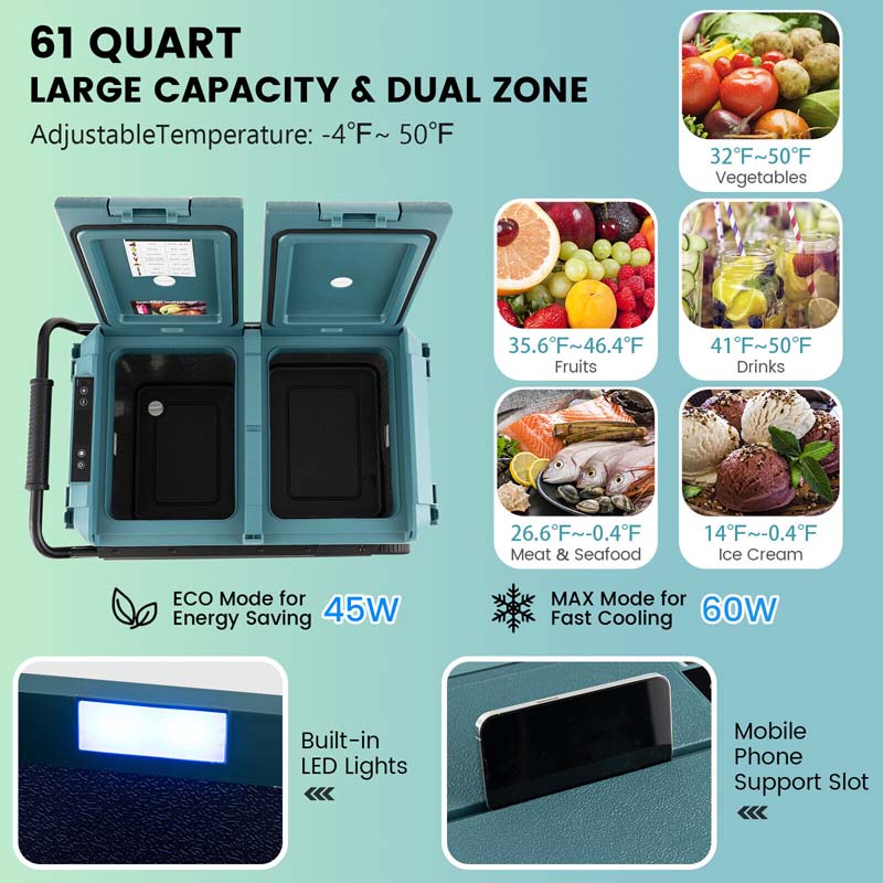 61-Quart Dual-zone Car Refrigerator with Wheels, 12V/24V DC & 100-240V AC Portable Car Fridge Cooler Freezer