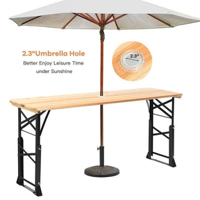 66.5'' Wood Folding Picnic Table with Umbrella Hole, Height Adjustable Outdoor Dining Table for Camping Party