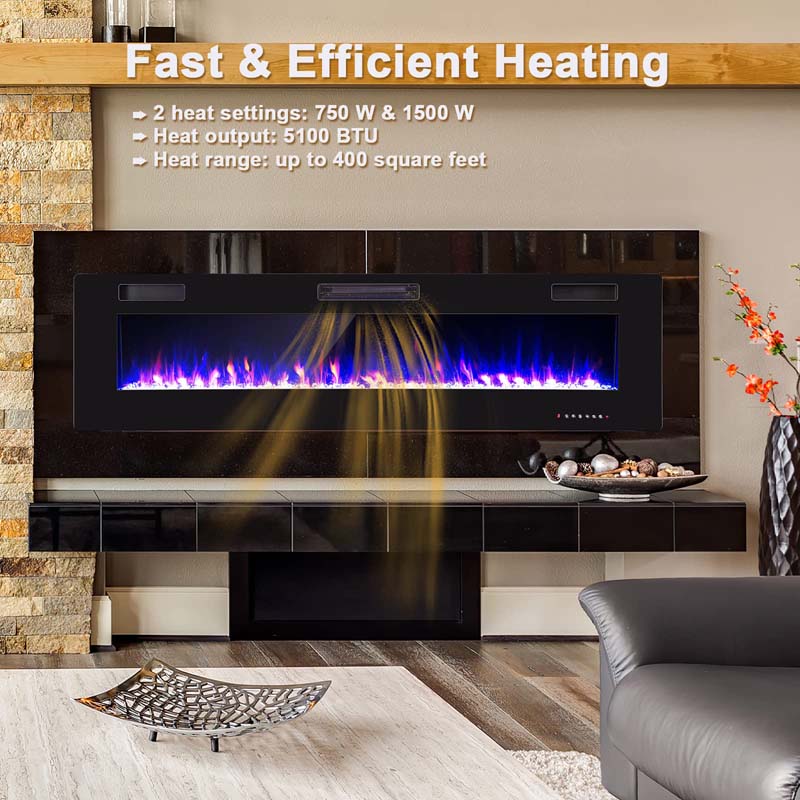 68" Ultra-Thin Recessed Electric Fireplace Insert, 5100 BTU Wall Mounted Fireplace Heater with Crystal Log Decoration