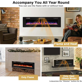 68" Ultra-Thin Recessed Electric Fireplace Insert, 5100 BTU Wall Mounted Fireplace Heater with Crystal Log Decoration