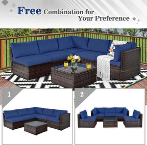 6 Pcs Rattan Patio Sectional Sofa Set Outdoor Conversation Furniture Set with Cushions & Glass Coffee Table